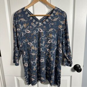 J. Jill double v-neck top, cotton blend, size M, paisley, blue, 3/4 sleeve